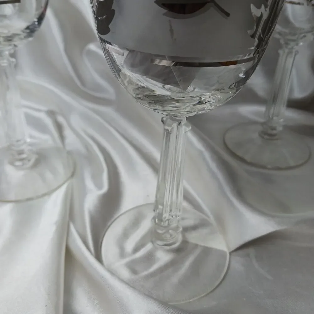 Vintage MCM Libbey Frosted Silver Leaves Water/Wine Goblets-lot of 4